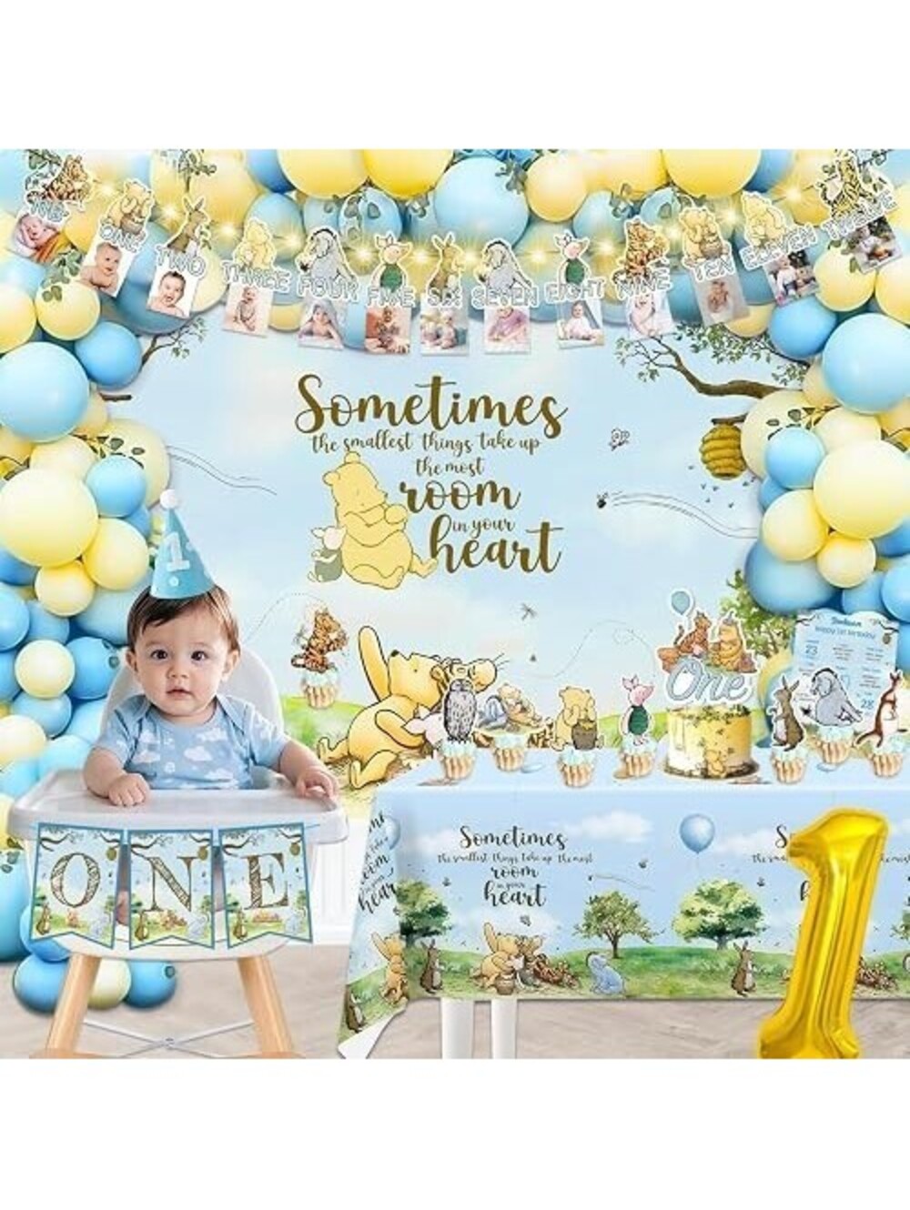 107pcs Winnie Pooh First Birthday Decorations Party Set, Classic Pooh Bear 1s...